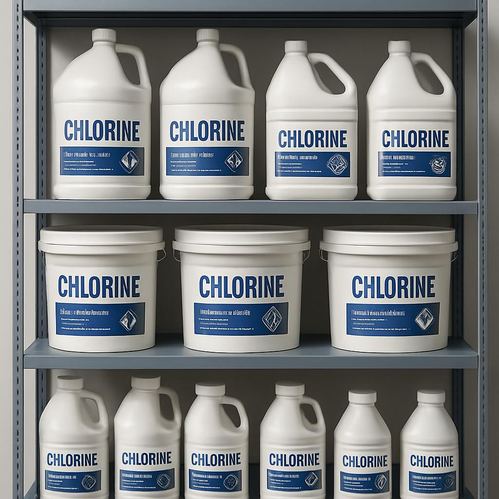 A collection of plastic chlorine bottles on gray shelving. The bottles are white with labels featuring the word "CHLORINE"...