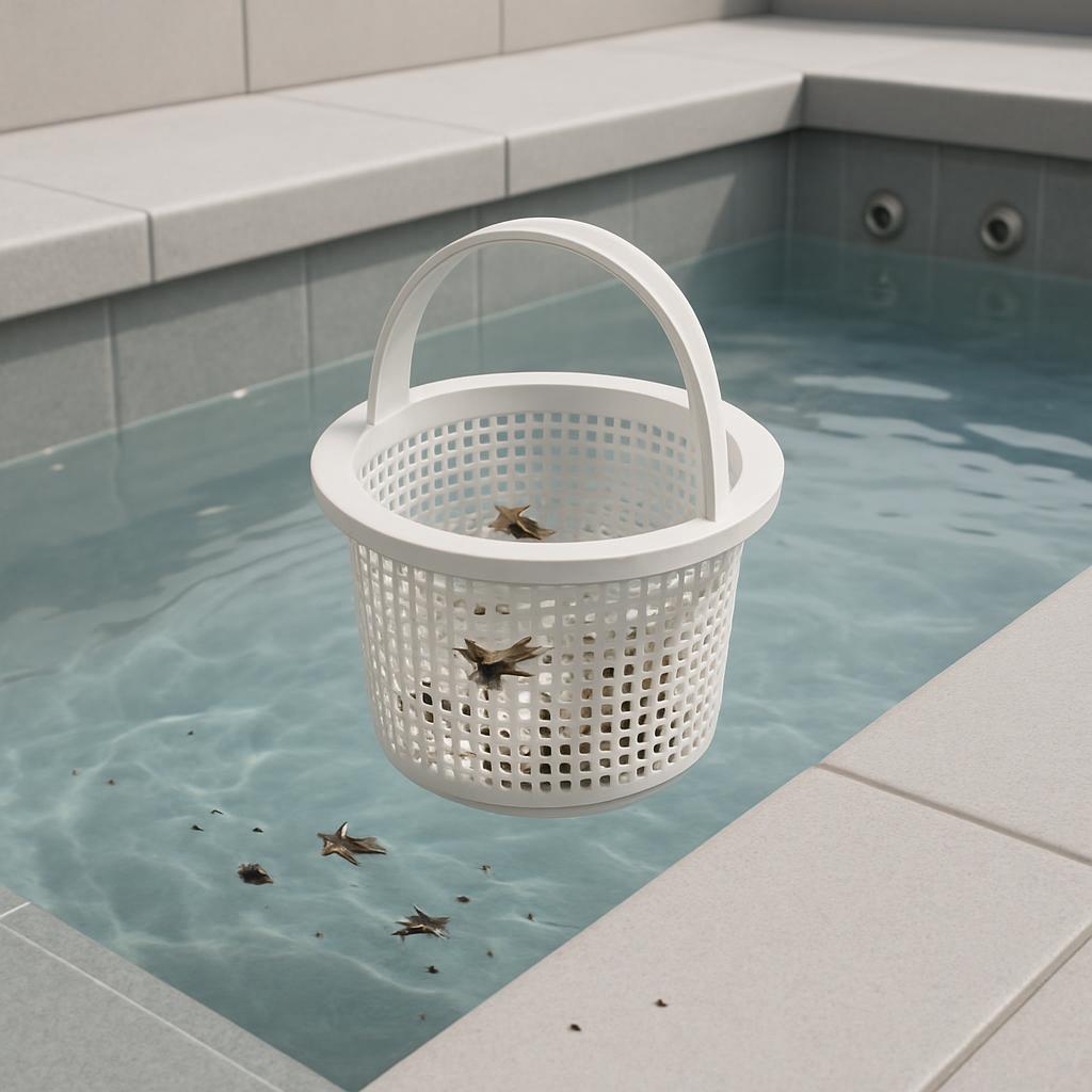 Basket suspended over a pool, surrounding debris and a rope in the water beneath. Water in pristine condition.