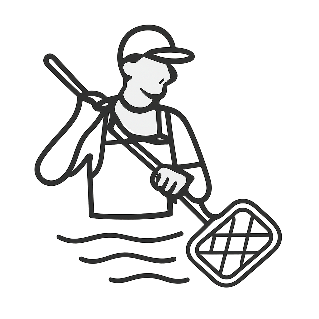 A graphically rendered illustration of a happy fisherman wears an apron and catapults a net in pursuit of fish, set agains...